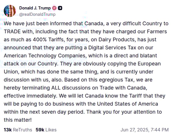 Příspěvek Donalda Trumpa na jeho sociální síti Truth Social (zdroj: @realDonaldTrump).