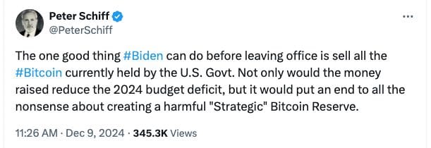 Peter Schiff vyzval Bidenovu administrativu, aby se zbavila držených bitcoinů ještě před nástupem Donalda Trumpa do úřadu v roce 2025 - Zdroj: Peter Schiff (X)