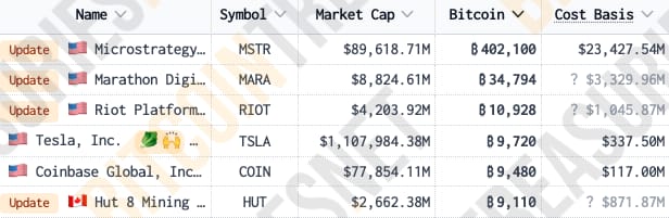 Seznam největších neinstitucionálních držitelů BTC. Zdroj BitcoinTreasuries
