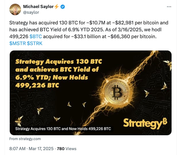Michael Saylor na X oznámil nový nákup BTC. 