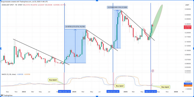 DOGE po MACD bullish signálech opakovaně vystřelil o stovky procent nahoru. Zdroj: TradingView