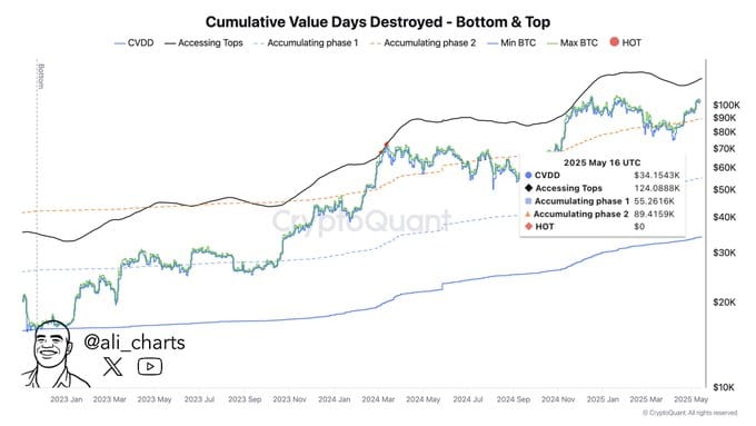 Graf indikátoru Cumulative Value Days Destroyed (CVDD) pro Bitcoin.