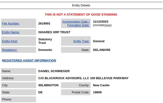Detaily žádosti o registraci názvu ve státě Delaware. Spekulovalo se o možnosti na ETF (zdroj: Icis.corp.delaware.gov).