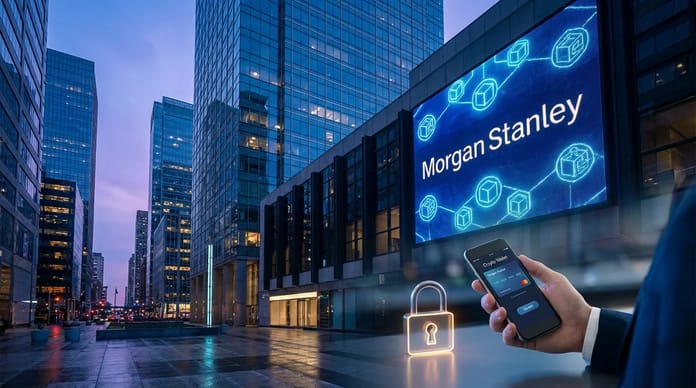 morgan stanley na mestskem banneru - kryptoměny