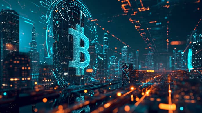 bitcoin logo systém scifi