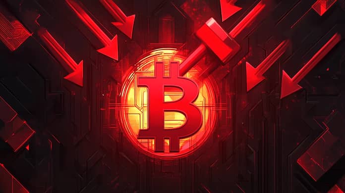 bitcoin btc logo červená propad usa tlak midjourney