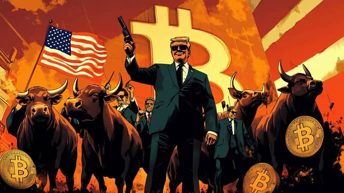 bitcoin btc Donald Trump USA start býci bulls vlajka Midjourney