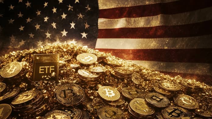 bitcoin btc etf usa vlajka spot peníze USD midjourney