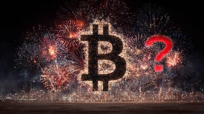 bitcoin btc logo ohnostroj oslava ath otazník Midjourney
