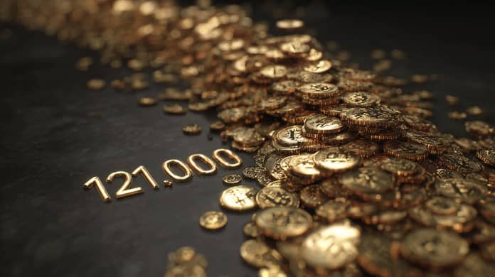 bitcoin btc zlato mince 121000 USD cena Midjourney
