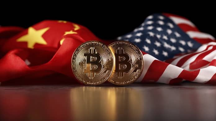 bitcoin btc cina usa Spojene staty vlajky vlajka Midjourney