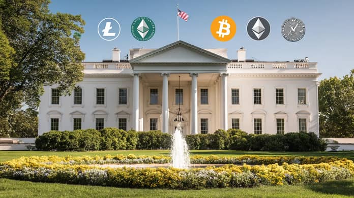 Bitcoin btc kryptoměny White House USA vlajka Midjourney