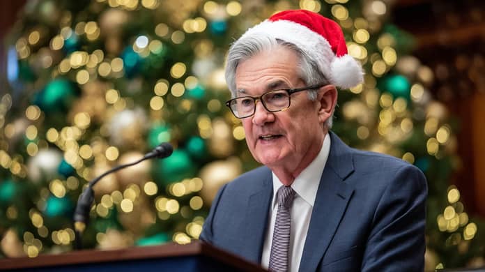Jerome Powell vanoce stromecek Fed Midjourney