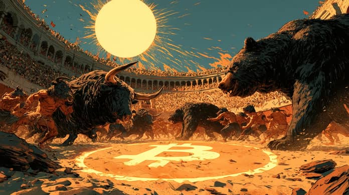 btc bitcoin byci medvedi past souboj arena midjourney nahledovy obrazek