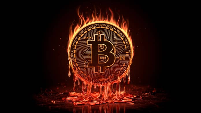 btc bitcoin flames burn red finish pressure usa midjourney nahledovy obrazek