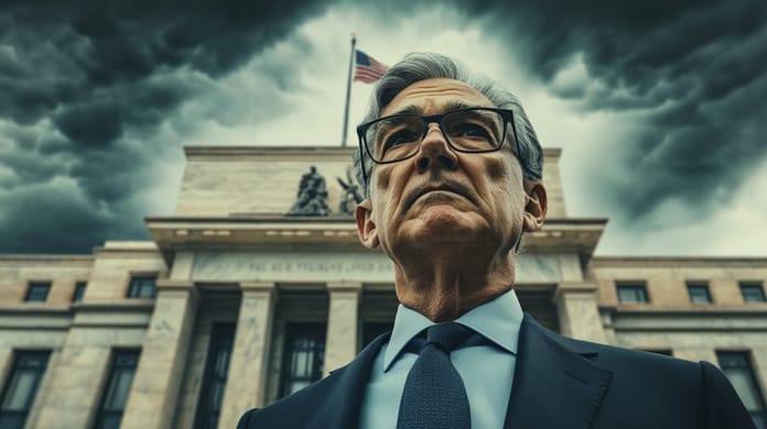 Jerome Powell Fed budova vlajka USA