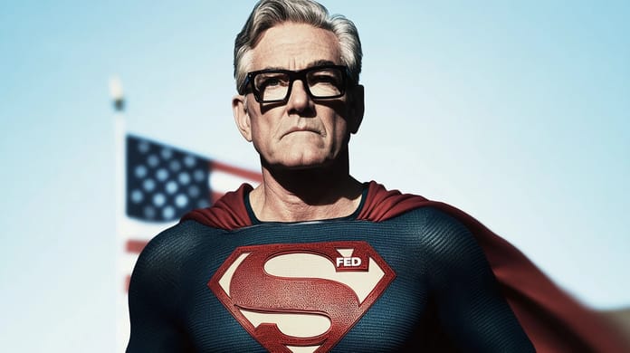 Jerome Powell Fed USA Spojené státy základní sazba úroková míra vlajka Midjourney