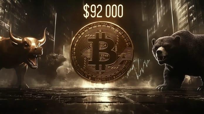 bitcoin btc medvědi býci 92000 usd midjourney