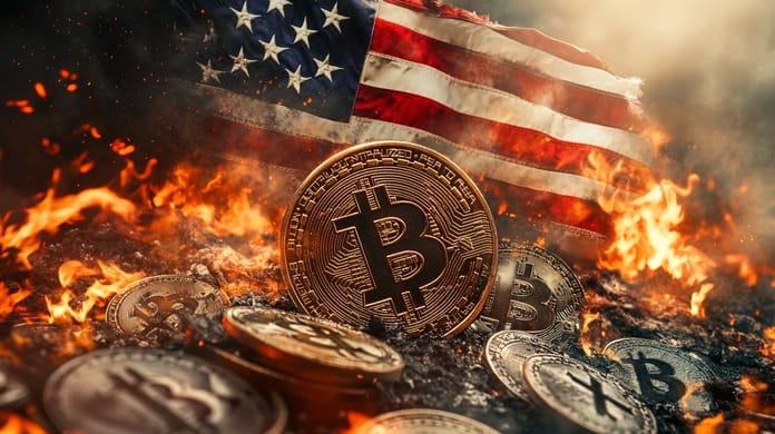 bitcoin btc vlajka cena kurz USA propad midjourney
