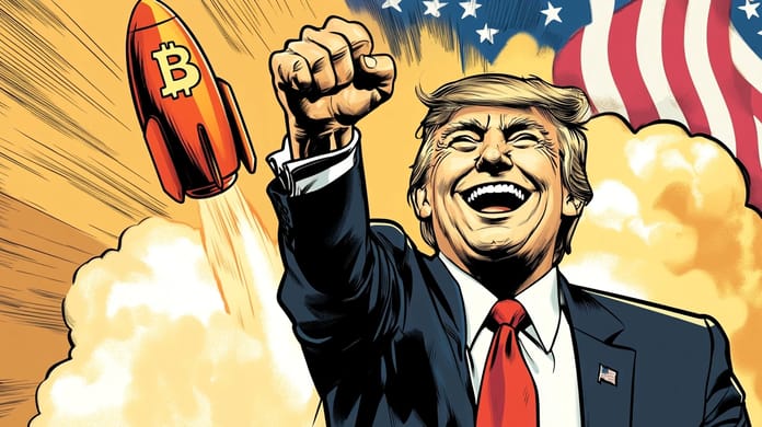 bitcoin btc USA Donald Trump cla růst vlajka midjourney
