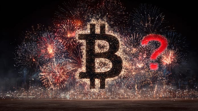 bitcoin btc logo ohnostroj oslava ath otazník Midjourney