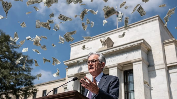 Jerome Powell USA USD Fed projev sazba Midjourney