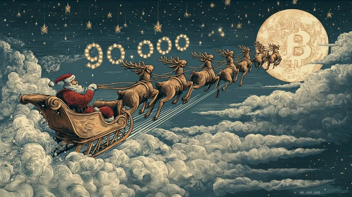 Bitcoin btc santa claus rallye měsíc 90000 USD Midjourney