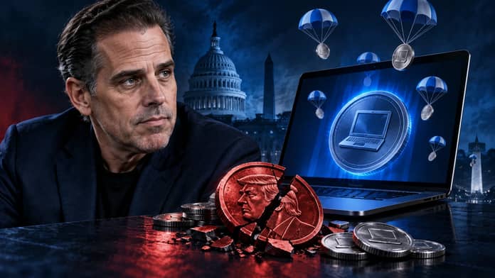 Hunter Biden, notebook a symbolická prasklá mince s Trumpovým portrétem. AI ilustrace.