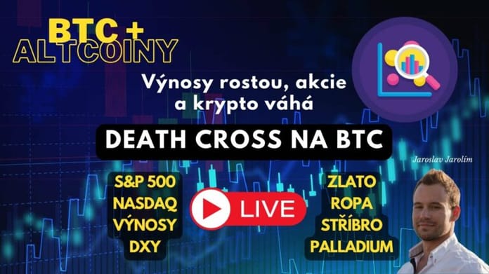 Bitcoin live stream – Death Cross na BTC – Výnosy rostou, akcie a krypto váhá
