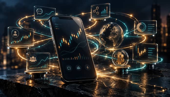 Ilustrace telefonu, kryptoměnových grafů a propojených digitálních trhů.