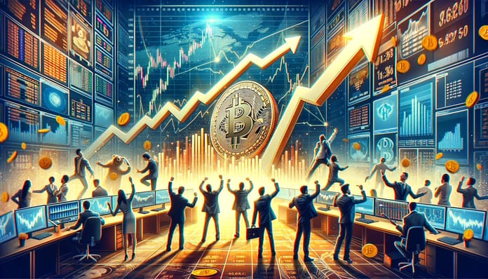 obchodníci sledující rostoucí graf bitcoinu