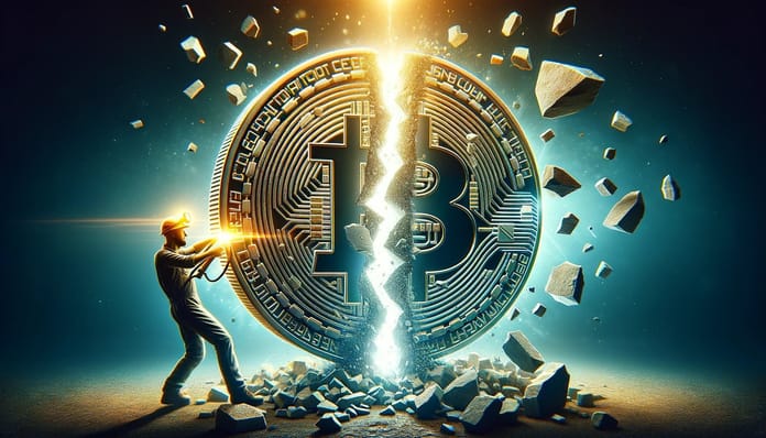 Těžař a bitcoin rozpadající se napůl