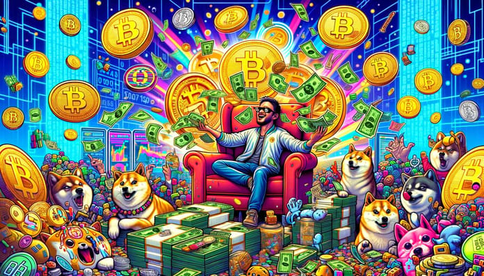 bitcoin krypto meme memecoiny dolary obchodník radost dalle