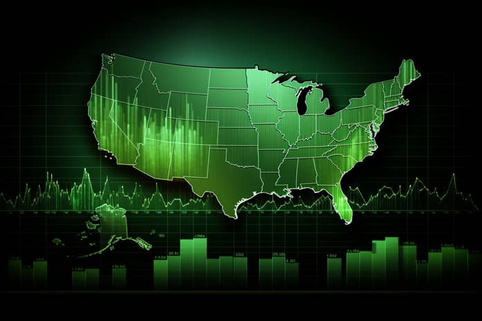 usa mapa zelená růst fed sazba trh práce nezaměstnanost