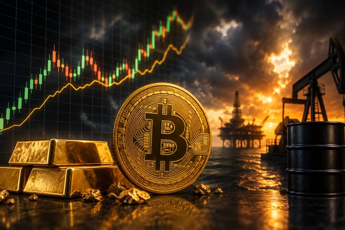 BTC, zlato a ropa