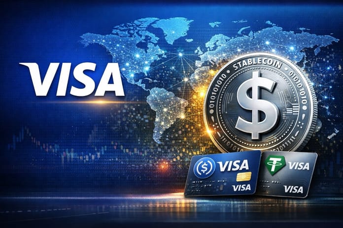Infografika Visa a stablecoiny USDC a USDT na pozadí mapy světa - karty