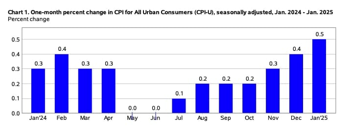Měsíční úpravy CPI od ledna 2024 do ledna 2025. 