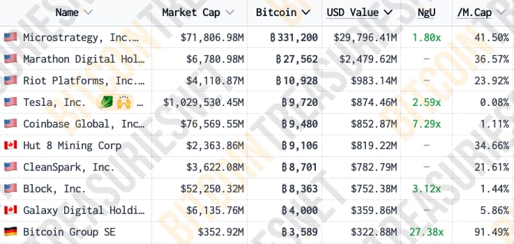 Top 10 identifikovaných institucionálních držitelů bitcoinů (zdroj: BitcoinTreasuries.net).