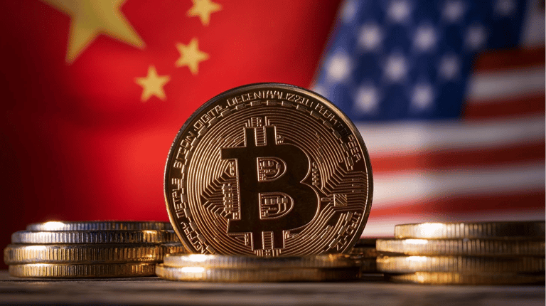 bitcoin btc USA Čína vlajky Midjourney