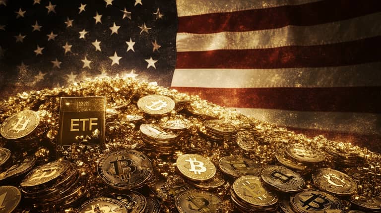 bitcoin btc etf usa vlajka spot peníze USD midjourney