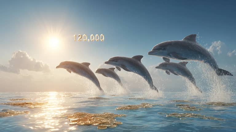 bitcoin btc delfín odraz skok oceán 120000 USD Midjourney