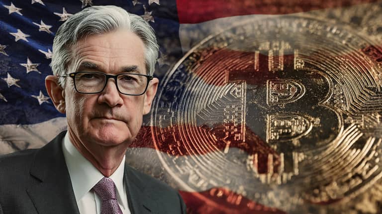 Jerome Powell bitcoin btc usa vlajka Midjourney
