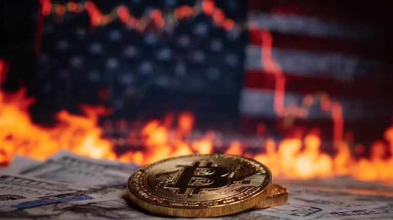bitcoin btc usa vlajka propad graf cena plamen Midjourney
