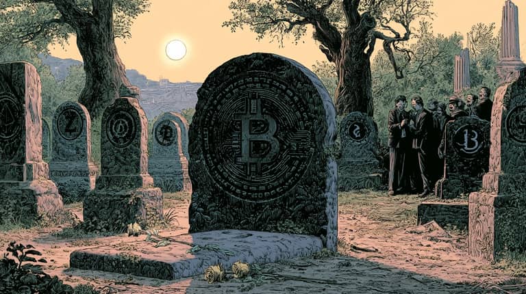 btc bitcoin logo hrob mrtvy smutek dno bearmarket Midjourney nahledovy obrazek