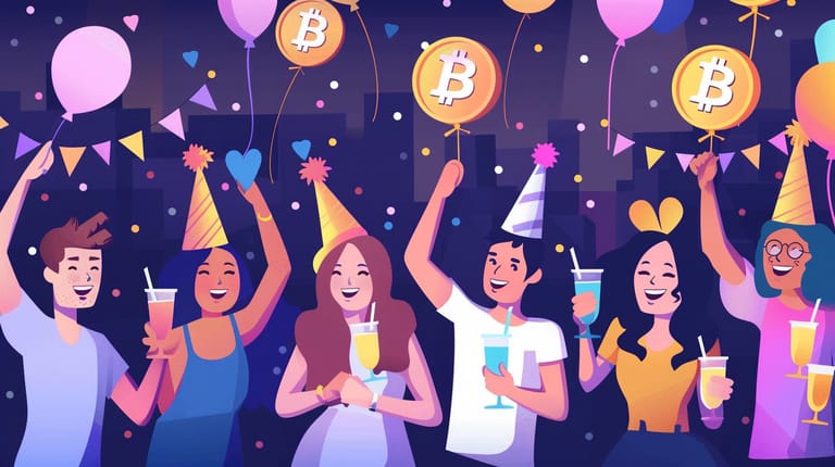 bitcoin kurz cena zisk oslava party lidi