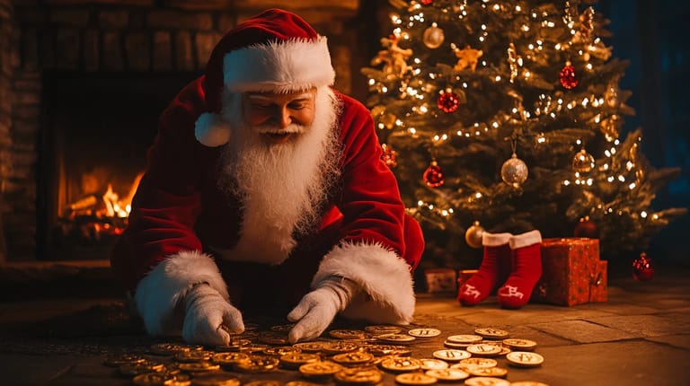 bitcoin btc kurz cena Santa Claus rally stromeček Vánoce midjourney