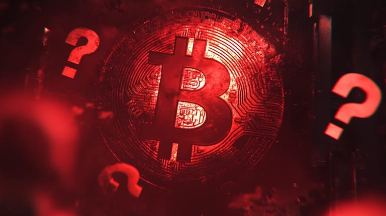 bitcoin btc logo červená otazník cena pokles kurz midjourney