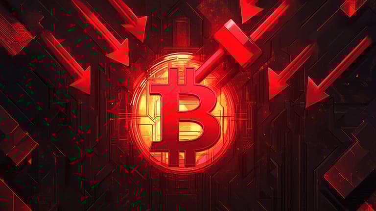bitcoin btc logo červená propad usa tlak midjourney