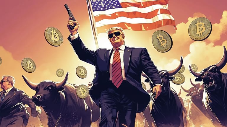 bitcoin btc Donald Trump USA start býci bulls vlajka Midjourney