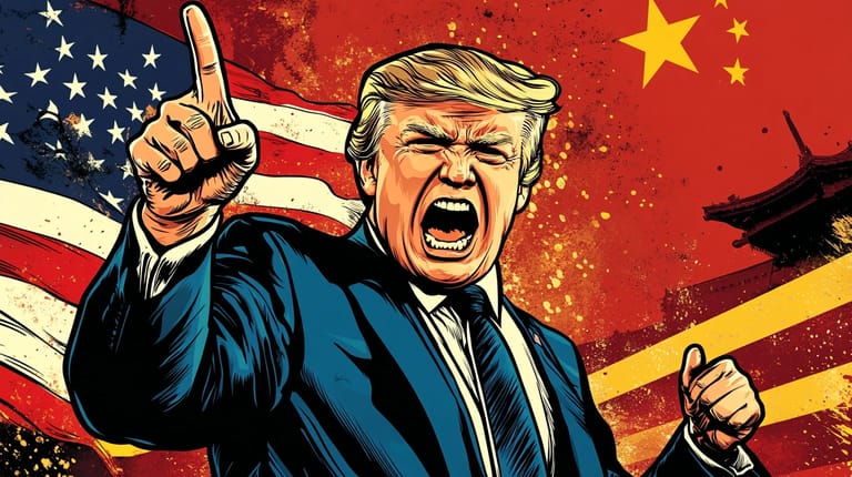 Donald Trump cla USA Čína vlajky výjimka midjourney